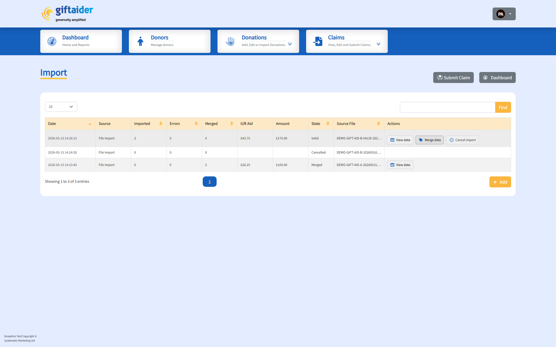 Two imported files merged and ready for claim preparation.