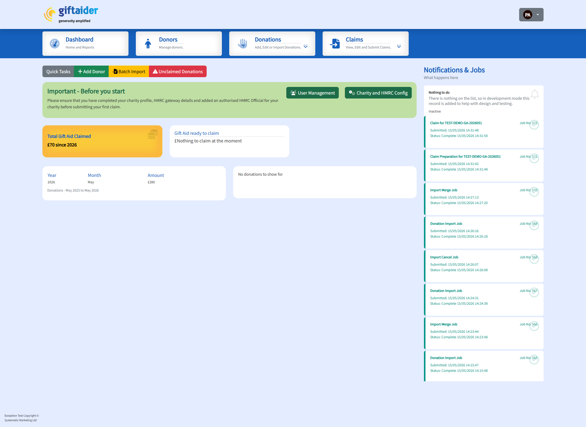 Dashboard after successful claim submission.