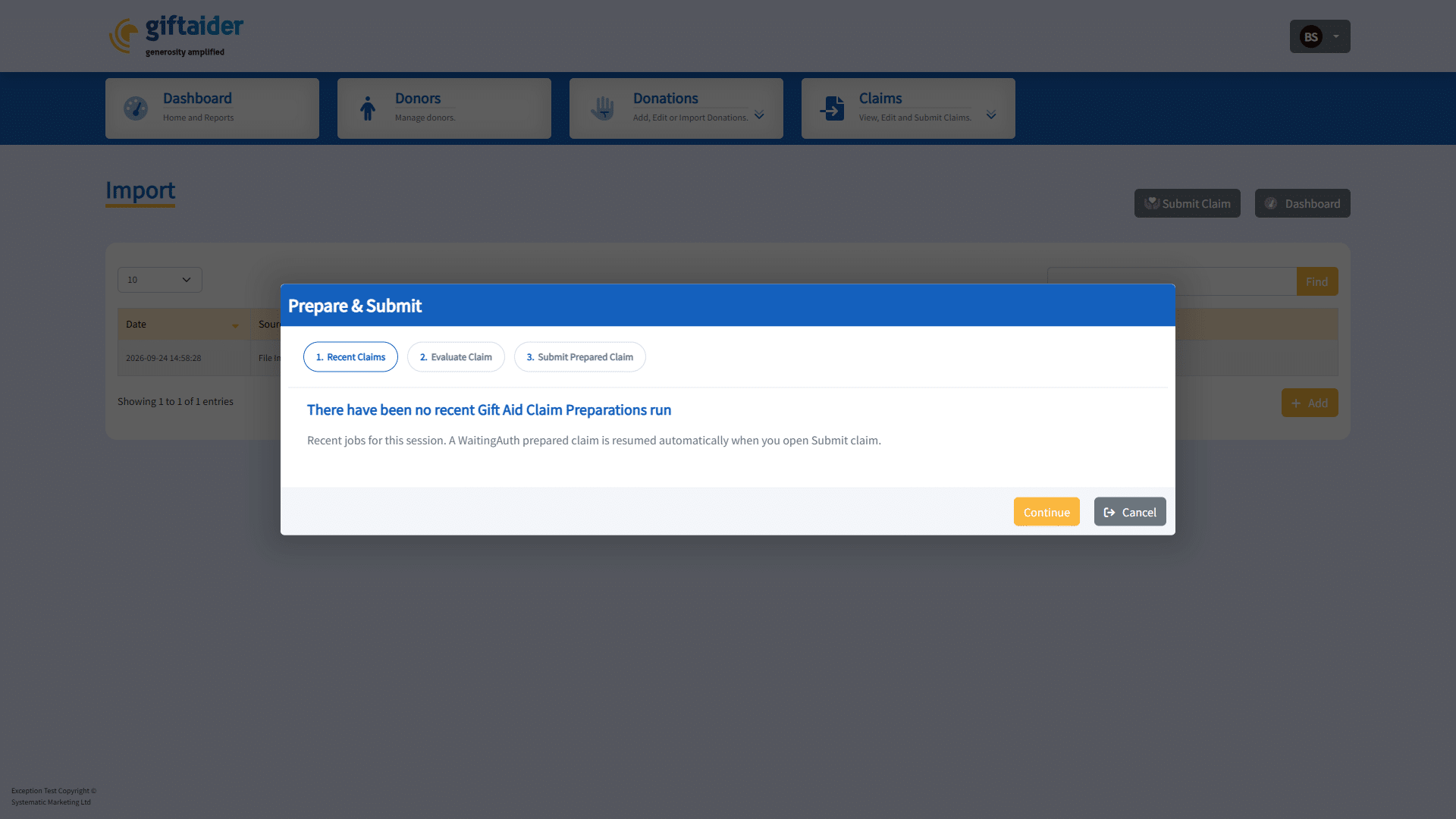 GiftAider Breeze: Prepare & Submit — step 1 Recent Claims