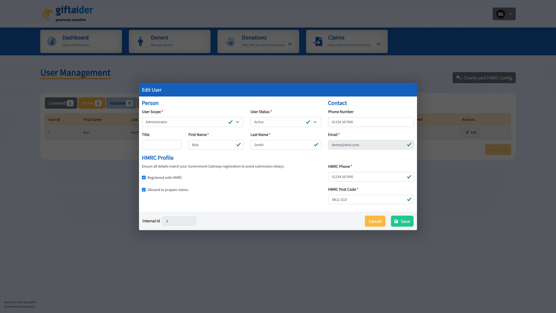 GiftAider user settings with the claim preparation permission