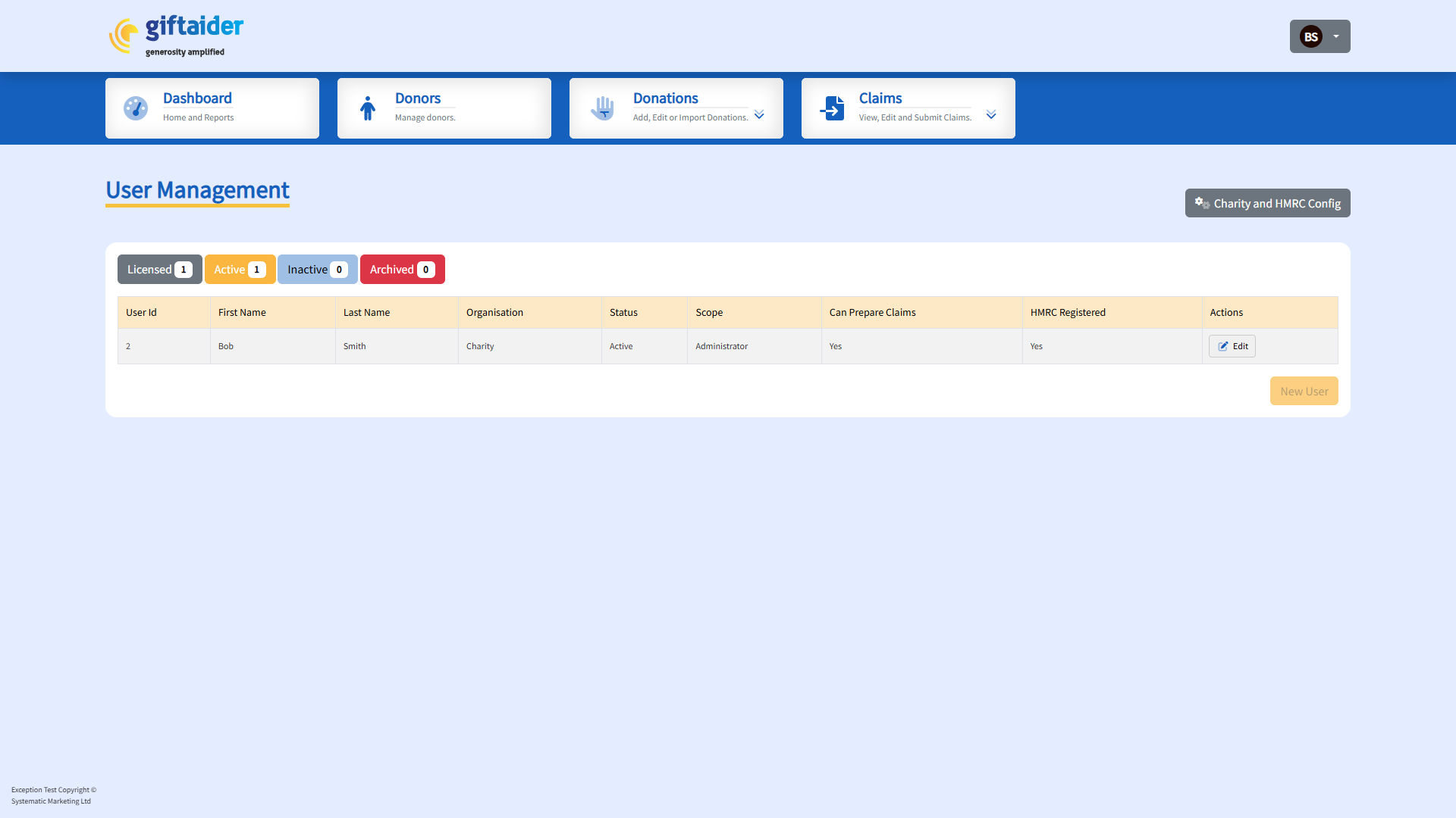 GiftAider user management list showing where administrators manage claim permissions