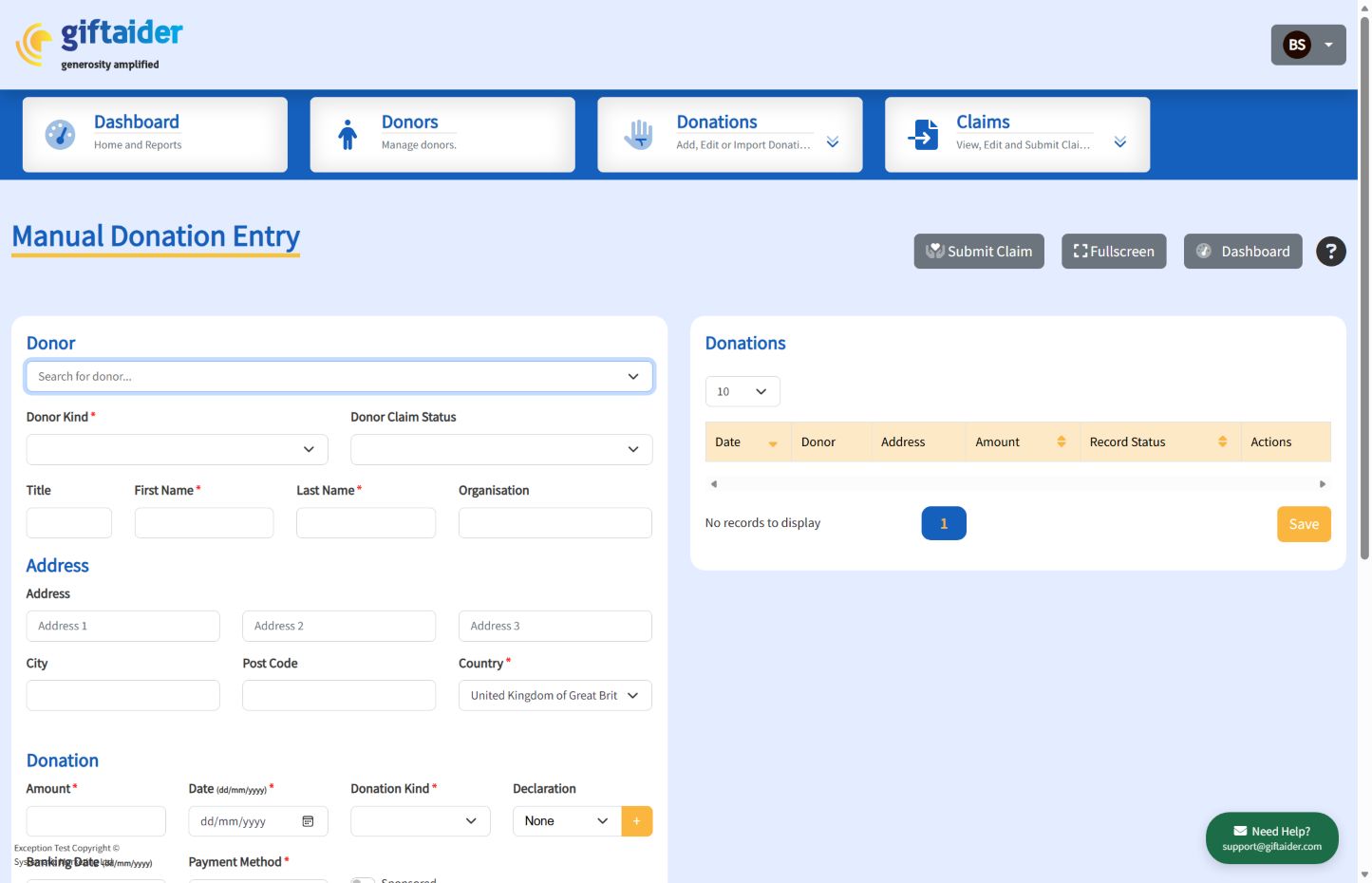 Amplify Manual Donation Entry form