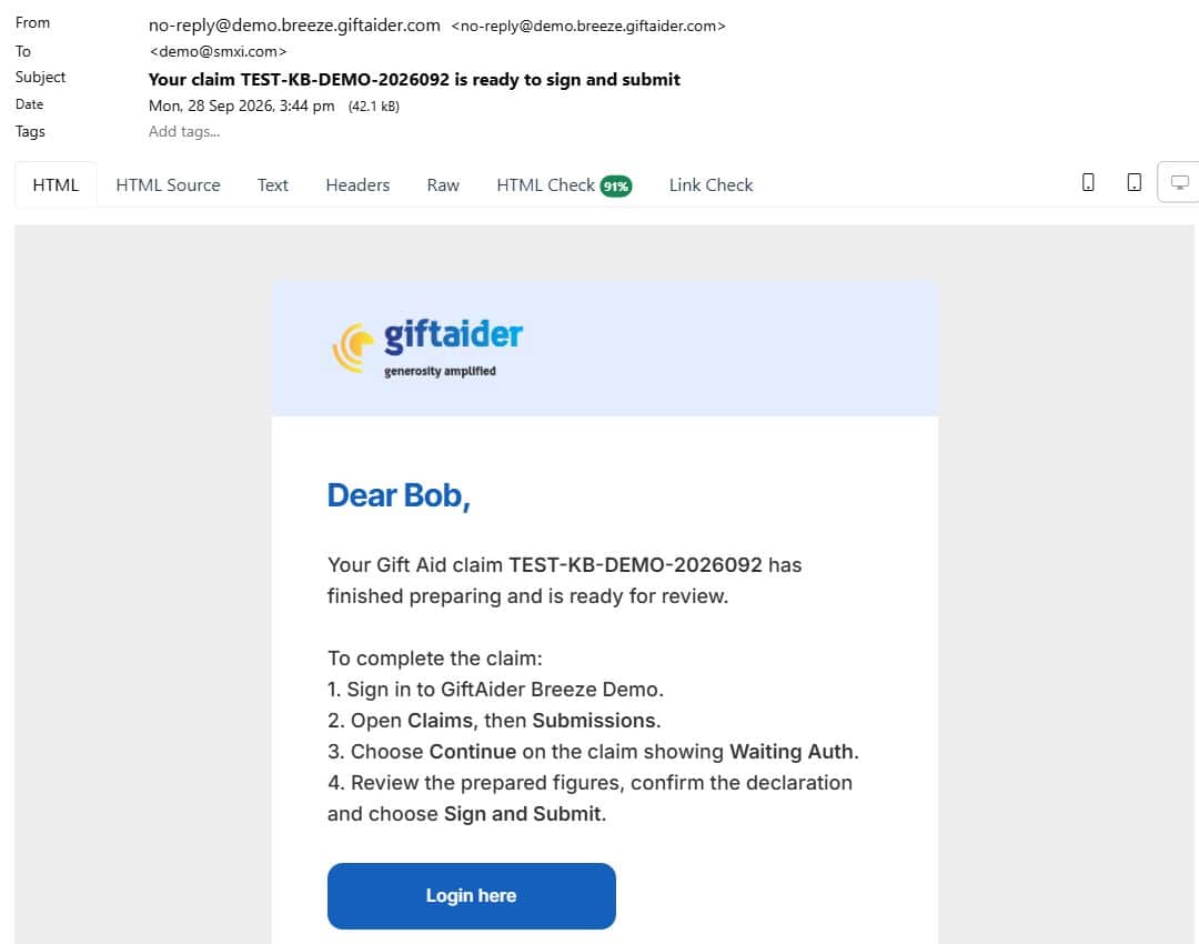 Claim Ready email received for a prepared GiftAider claim