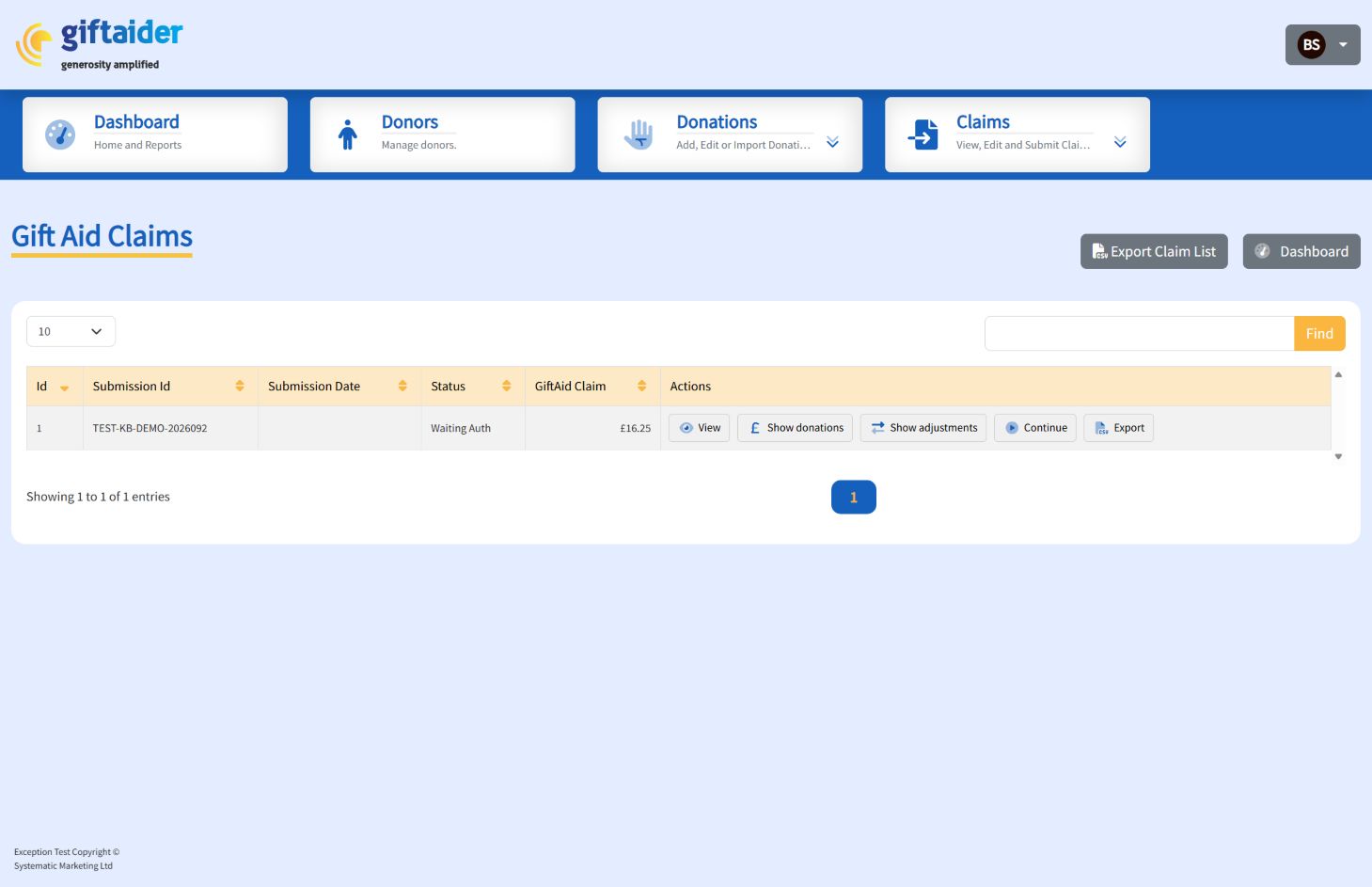 Breeze submissions list showing a claim Waiting Auth