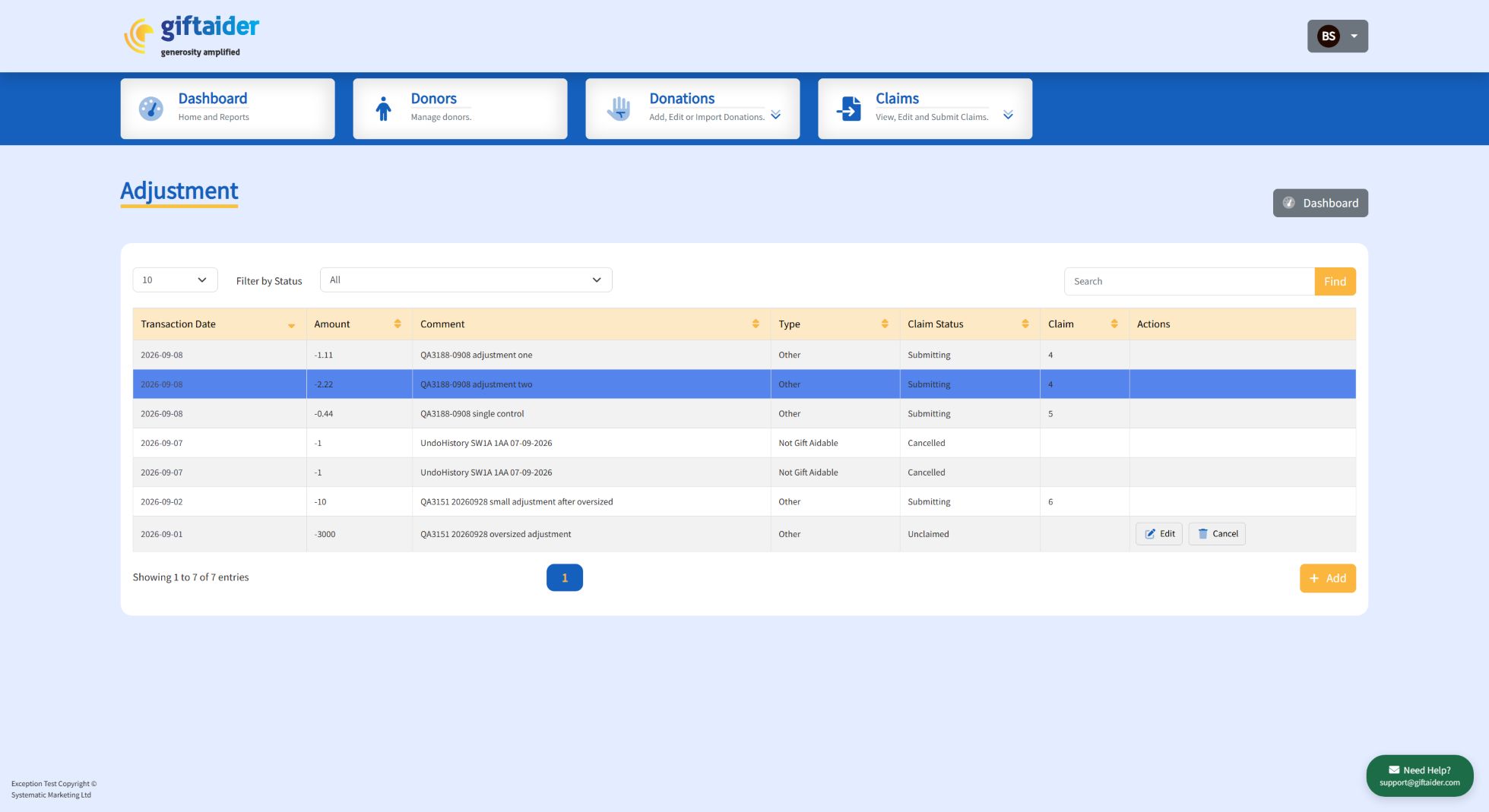 Amplify adjustments list showing adjustment records