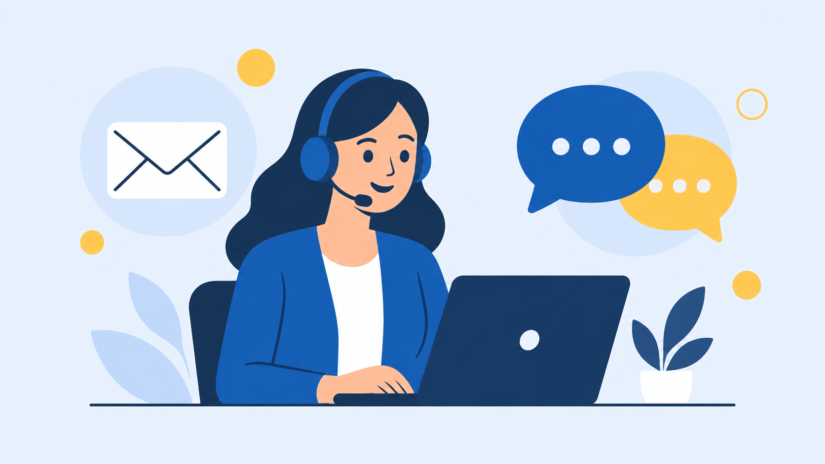 Illustration of a GiftAider support representative wearing a headset at a laptop, with an envelope and conversation bubbles.